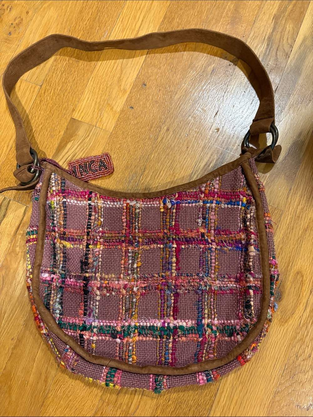 Woven Mauve Plaid Shoulder Bag with Brown Trim